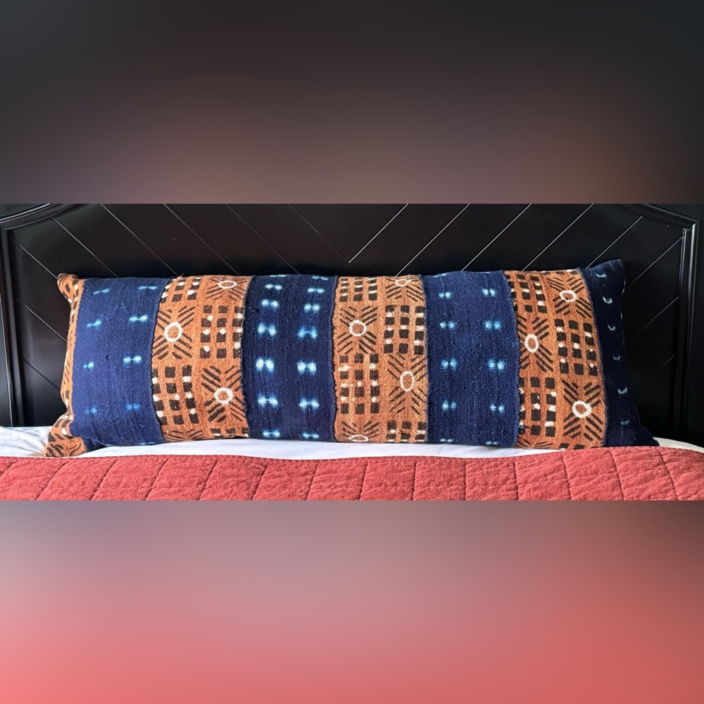 Authentic Indigo, Brown and White Mudcloth Extra Long Lumbar Pillow
